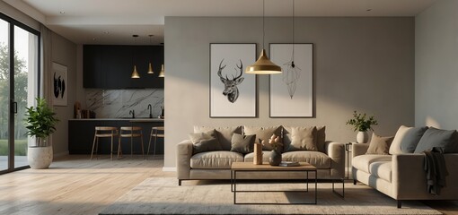 Wall Mural - Minimal modern home with living room and dining room design, wall mockup on bright interior background