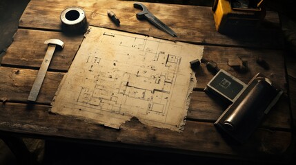 Poster - Aged Blueprint And Tools Rest On Wooden Tabletop