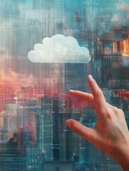 Poster - Cloud service concept with man finger touching digital screen with cloud service application icons at abstract city background