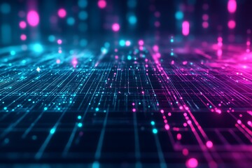 Poster - A vibrant digital landscape with glowing lines and dots in blue and pink hues.