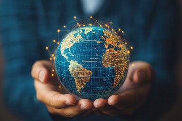 Poster - Man Holding Blue Globe Representing Global Network Connections and Digital Communication in Hands with Network Lines and Data Points