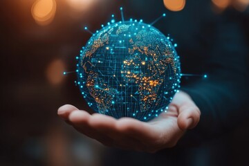 Poster - Man Holding Blue Globe Representing Global Network and Connection in a Digital Age with Data Points Illuminating the World