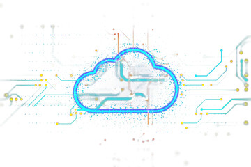 Poster - Cloud shape in bright neon blue with connected circuits, hologram style, on white background. Concept of digital cloud computing. 3D Rendering.