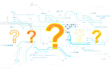 Aufkleber - Yellow question marks with neon outlines on white, surrounded by digital circuit elements and code snippets, representing technology concepts. 3D Rendering.