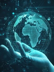 Poster - Hand using glowing digital communication and security interface on screen. Global business and communication concept.
