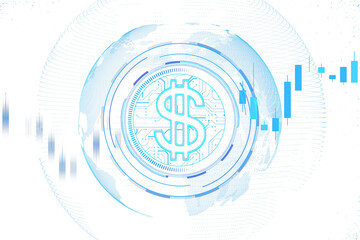 Poster - Digital dollar symbol surrounded by holographic blue lines, stock market graph, and futuristic graphics on white background, concept of finance. 3D Rendering.