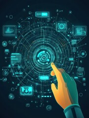 Poster - Hand using tablet with abstract 5G interface with computing icons on dark background. Internet speed and ai concept