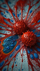 Poster - Abstract Red and Blue Paint Splash with 3D Spheres. Concept of vibrant colors, energy, and creativity.