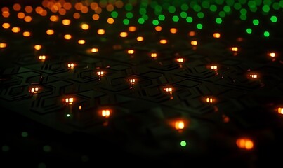 Poster - A close-up of illuminated circuit patterns with green and orange lights.