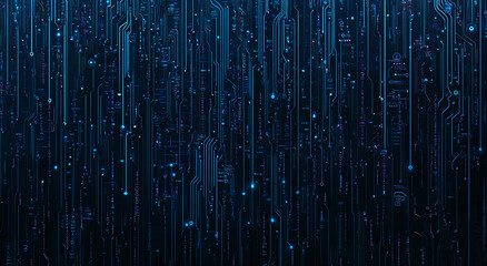 Poster - Digital circuitry design depicting a futuristic technology landscape with glowing elements on a dark background
