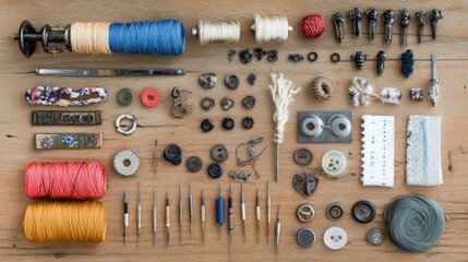Poster - Assorted Vintage Sewing Tools And Threads Arranged On Wood