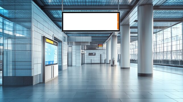 A transparent billboard mockup placed above a ticket booth in a spacious, modern train terminal