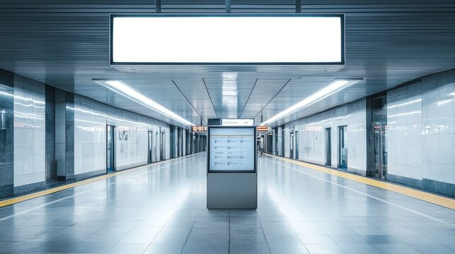 A transparent billboard mockup placed above a ticket booth in a spacious, modern train terminal