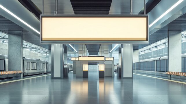 A transparent billboard mockup placed above a ticket booth in a spacious, modern train terminal