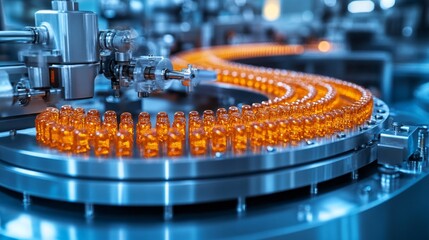 Poster - A conveyor belt is filled with orange bottles