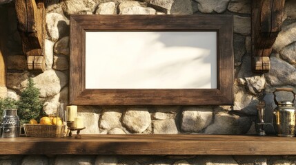 Poster - Rustic Wooden Frame Against Stone Wall Setting