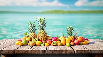 a colorful array of tropical fruits on a wooden dock, exotic, nature