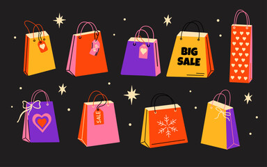 Set of various shopping bags in retro cartoon groovy funky bold style. Different types of shopping bags, purchases on sale, gifts vector illustration elements for design, stickers, web, social media