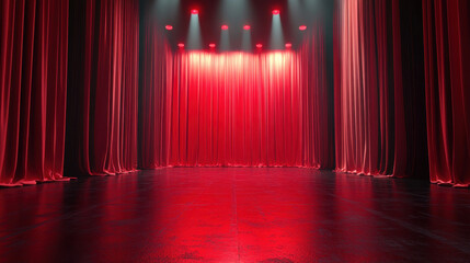 Wall Mural - vibrant red stage with flowing curtains and dramatic lighting creates inviting atmosphere for performances. rich colors and soft textures enhance emotional impact of scene