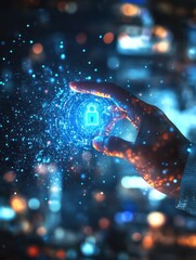 Poster - Businessman hand pointing at abstract glowing blue padlock hologram on blurry night city background. Internet, information, technology and security concept. Double exposure