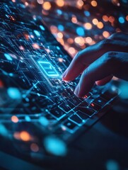 Poster - Close up of hand using laptop with glowing 5G internet hologram. Connection and network concept. Double exposure.