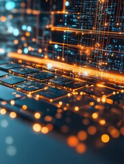 Poster - Close up of laptop with glowing 5G interface on blurry desktop background. Speed and internet concept. Double exposure.