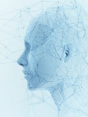 Poster - Creative blue background with head outline, polygonal connections and mock up place. AI, artificial intelligence and machine learning concept. 3D Rendering