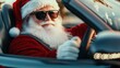 © Rustam - Santa Claus sitting confidently in a sleek car. Wearing cool sunglasses, with his right hand firmly on the steering wheel and his left arm casually hanging out of the open window.