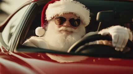 Santa Claus sitting confidently in a sleek car. Wearing cool sunglasses, with his right hand firmly on the steering wheel and his left arm casually hanging out of the open window.