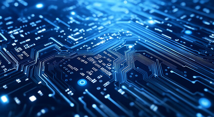 Aufkleber - Detailed view of a complex electronic circuit board illuminated by blue light in a dark environment