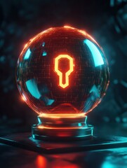 Poster - Global digital security protection concept with glowing digital shield with keyhole sign in technological sphere on abstract dark background. 3D rendering, mockup