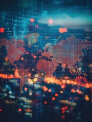 Poster - Glowing digital map hologram on blurry blue city wallpaper. Worldwide technology and network concept. Double exposure
