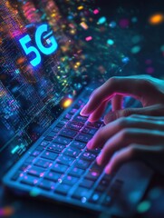 Poster - Hand typing on keyboard with 5G hologram sign. Internet and web speed concept. Double exposure.