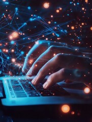 Poster - Hands using laptop on desktop with abstract 5G network hologram. Internet and web speed concept. Multiexposure.