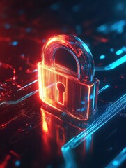 Poster - Internet data and security concept with bright digital lock sign in round sphere on abstract dark wallpaper with space for your logo. 3D rendering, mock up