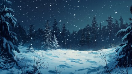 Poster - A snowy forest with trees and snow falling