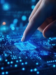 Poster - male hand pointing at abstract blue ai chip on blurry background. artificial intelligence, hardware,