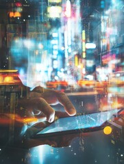 Poster - Mobile internet concept with 5G sign and man hand using digital tablet. Double exposure.