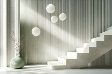 Aufkleber - A minimalist interior featuring a staircase, decorative orbs, and a large vase.