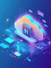 Poster - Virtual information protection, online data storage safety. Cloud-based engine, cloud engineering, cloud computing security metaphors. Vector isolated concept metaphor illustrations.
