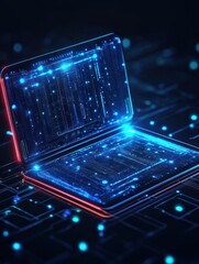 Poster - Wide computer icon hologram on dark blue background. Digital transformation concept. 3D Rendering