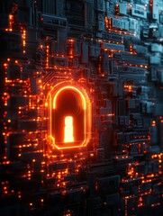 Poster - World security technology concept with digital keyhole and glowing lock signs at abstract dark background. 3D rendering