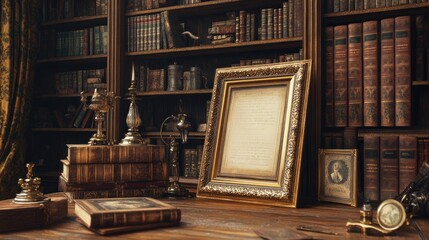 Poster - Antique Bookshelf With Ornate Frame And Decorative Objects