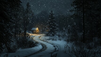 Poster - A snowy forest with a cabin in the middle of it