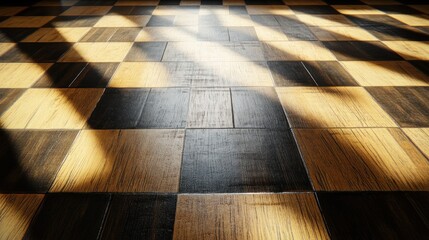 Poster - Checkered Wooden Floor Illuminated By Sunlight