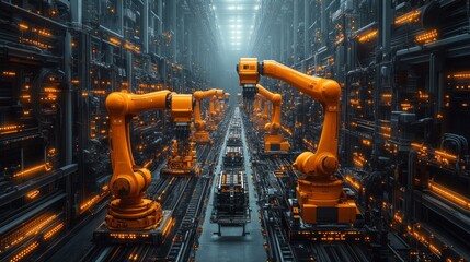 Poster - A futuristic scene with robots and cars in a factory