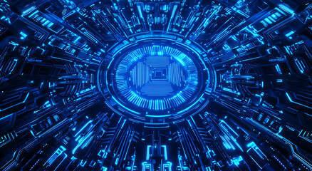 Poster - Futuristic digital landscape with blue glowing circuitry and intricate patterns