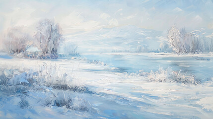 Wall Mural - An acrylic painting capturing the beauty of a snow-covered landscape, with soft shades of white and blue conveying the tranquility of a winter scene.