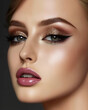 © stefanholm - A close-up portrait of a young Caucasian woman with glittering gold eyeshadow, sharp winged eyeliner, and glossy rose lips, exuding elegance and modern glamour.
