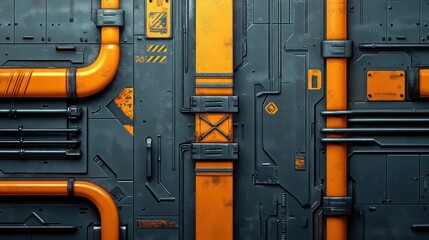 Poster - Futuristic Metal Panel With Orange Pipes And Warning Signs